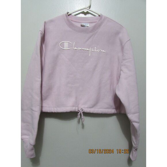 CHAMPION REVERSE WEAVE SIZE M BOXY CUT CROP TOP SHIRT PINK RIBBED SIDES LOGO - Picture 2 of 12